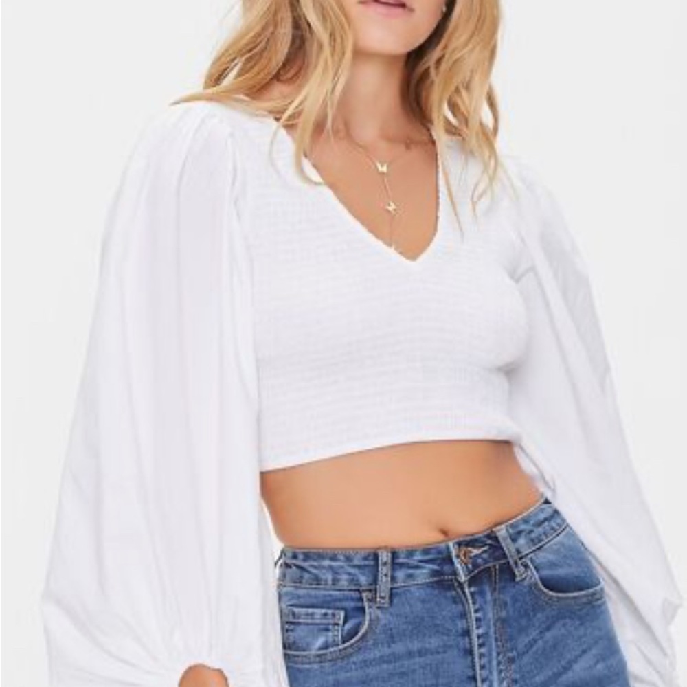 Forever 21 White Cropped Blouse with Relaxed Sleeves